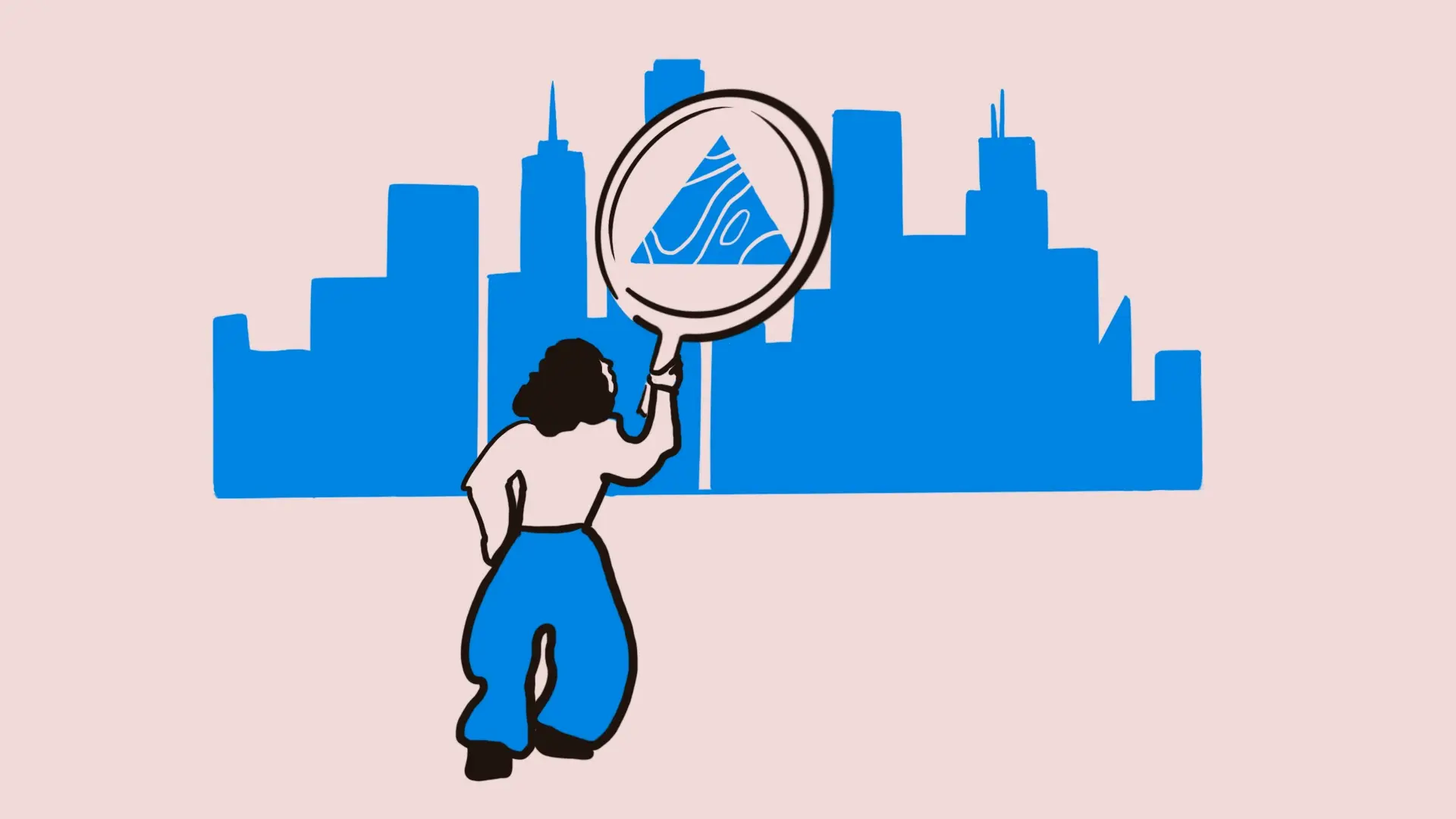A woman searching a city skyline using a large magnifying glass.
